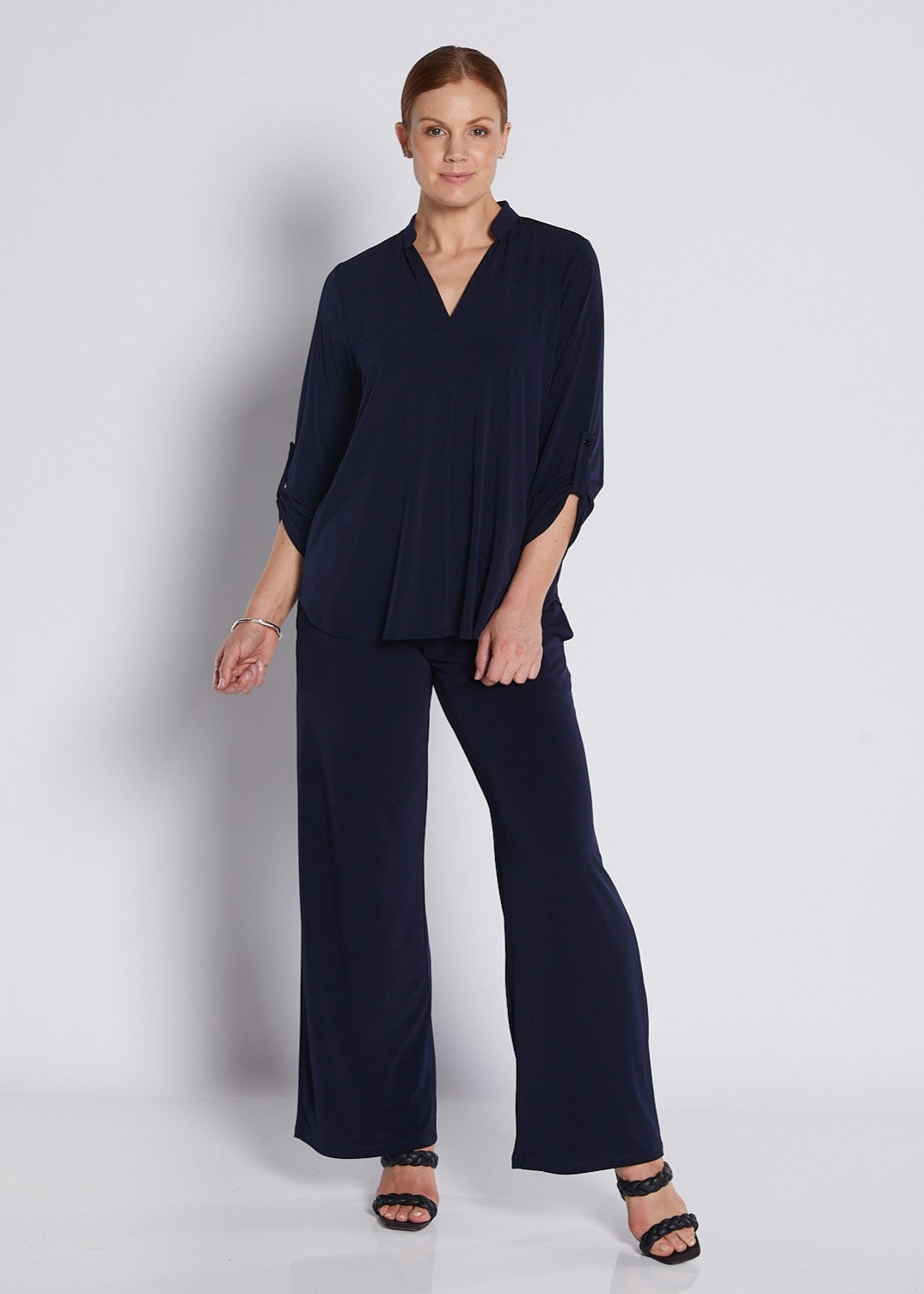 Jersey Nehru Collar V Neck Blouse with Tabbed Sleeves in Navy