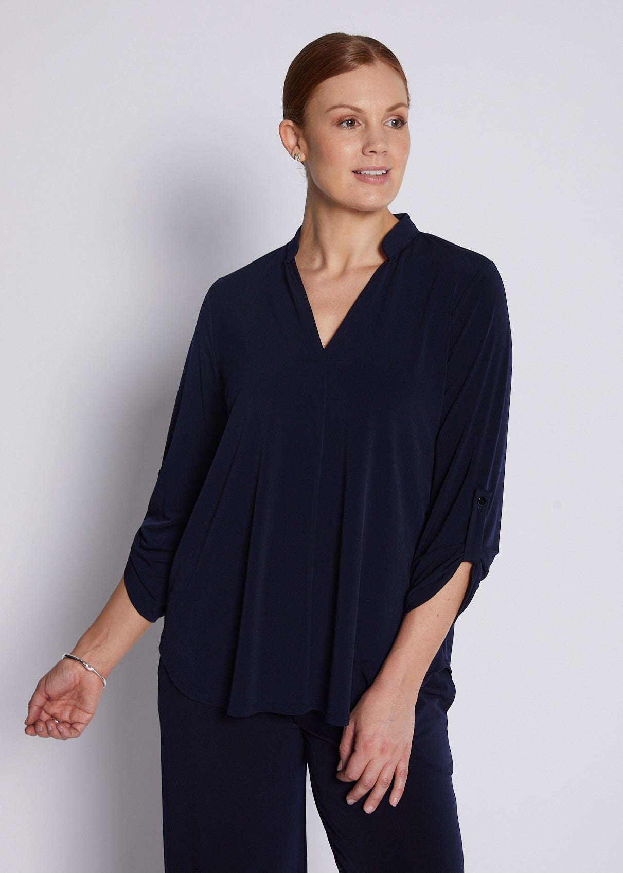 Jersey Nehru Collar V Neck Blouse with Tabbed Sleeves in Navy