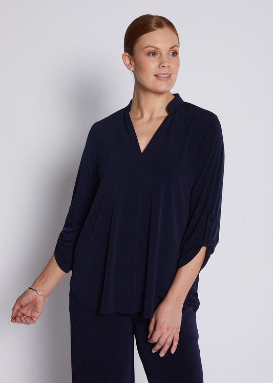 Jersey Nehru Collar V Neck Blouse with Tabbed Sleeves in Navy