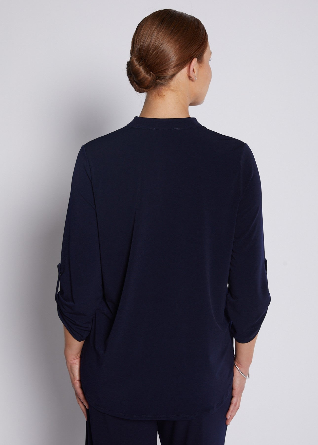 Jersey Nehru Collar V Neck Blouse with Tabbed Sleeves in Navy
