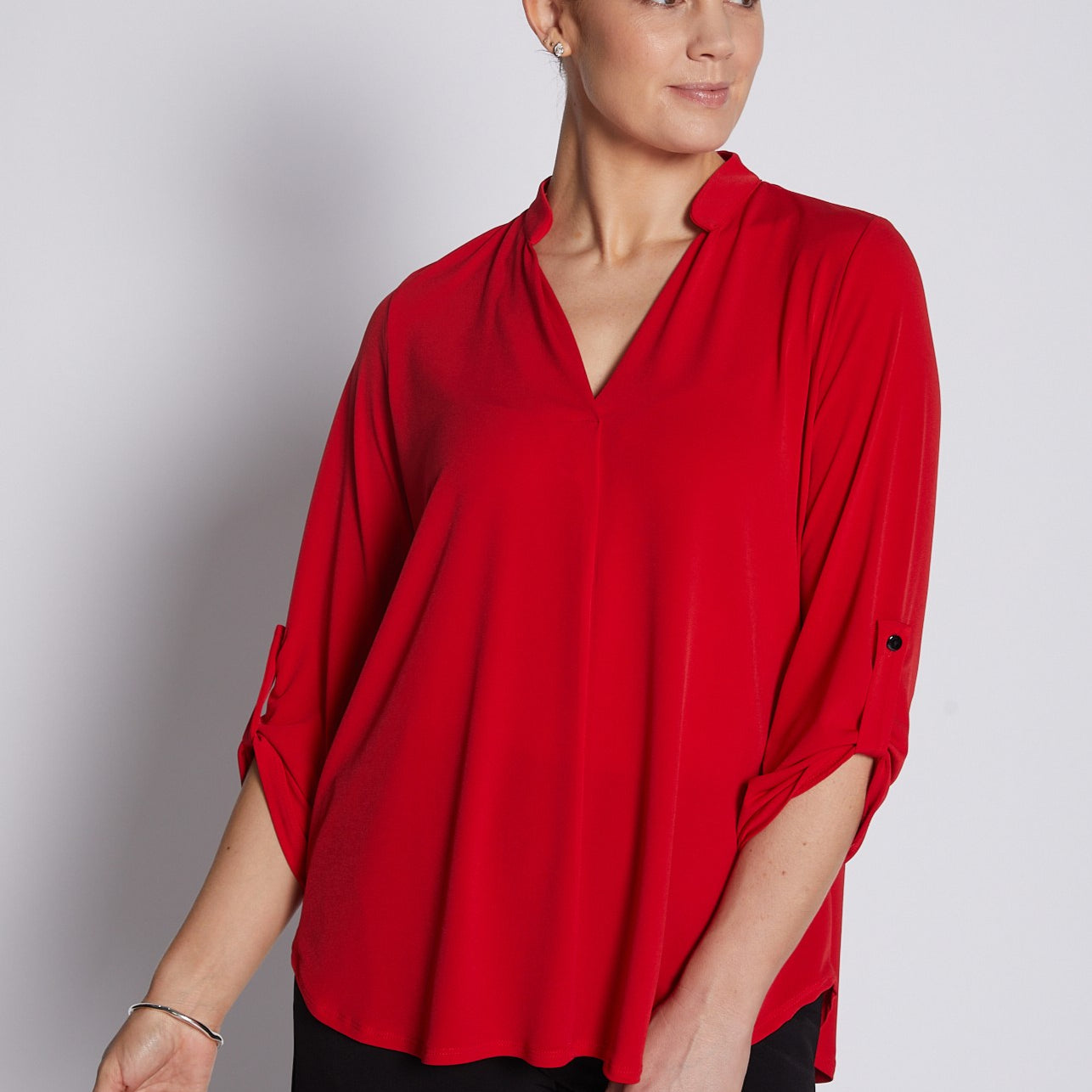 Jersey Nehru Collar V Neck Tabbed Sleeve Blouse in Red