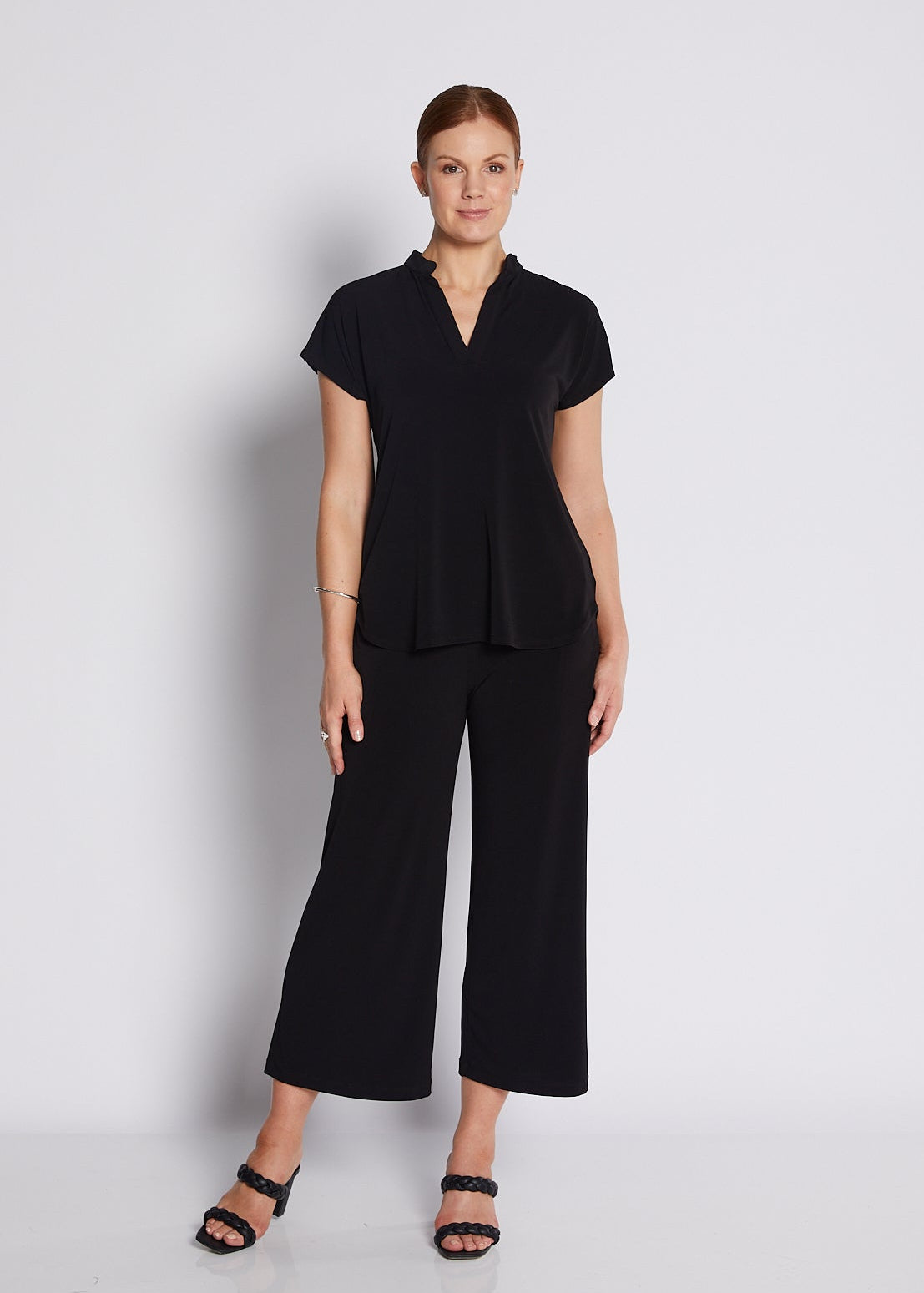 Jersey Nehru Collar V Neck Short Sleeve Top in Black