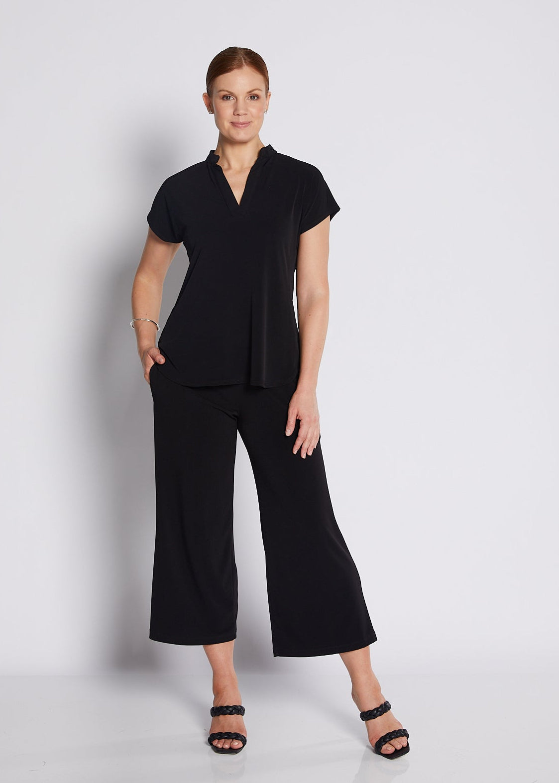 Jersey Nehru Collar V Neck Short Sleeve Top in Black
