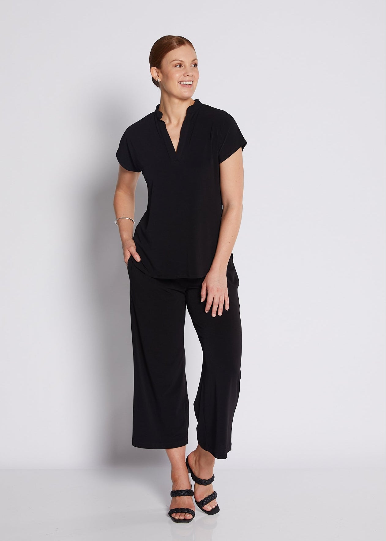 Jersey Nehru Collar V Neck Short Sleeve Top in Black
