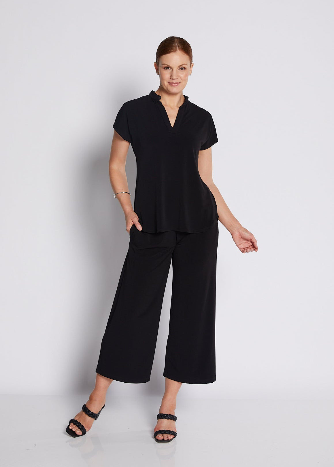 Jersey Nehru Collar V Neck Short Sleeve Top in Black
