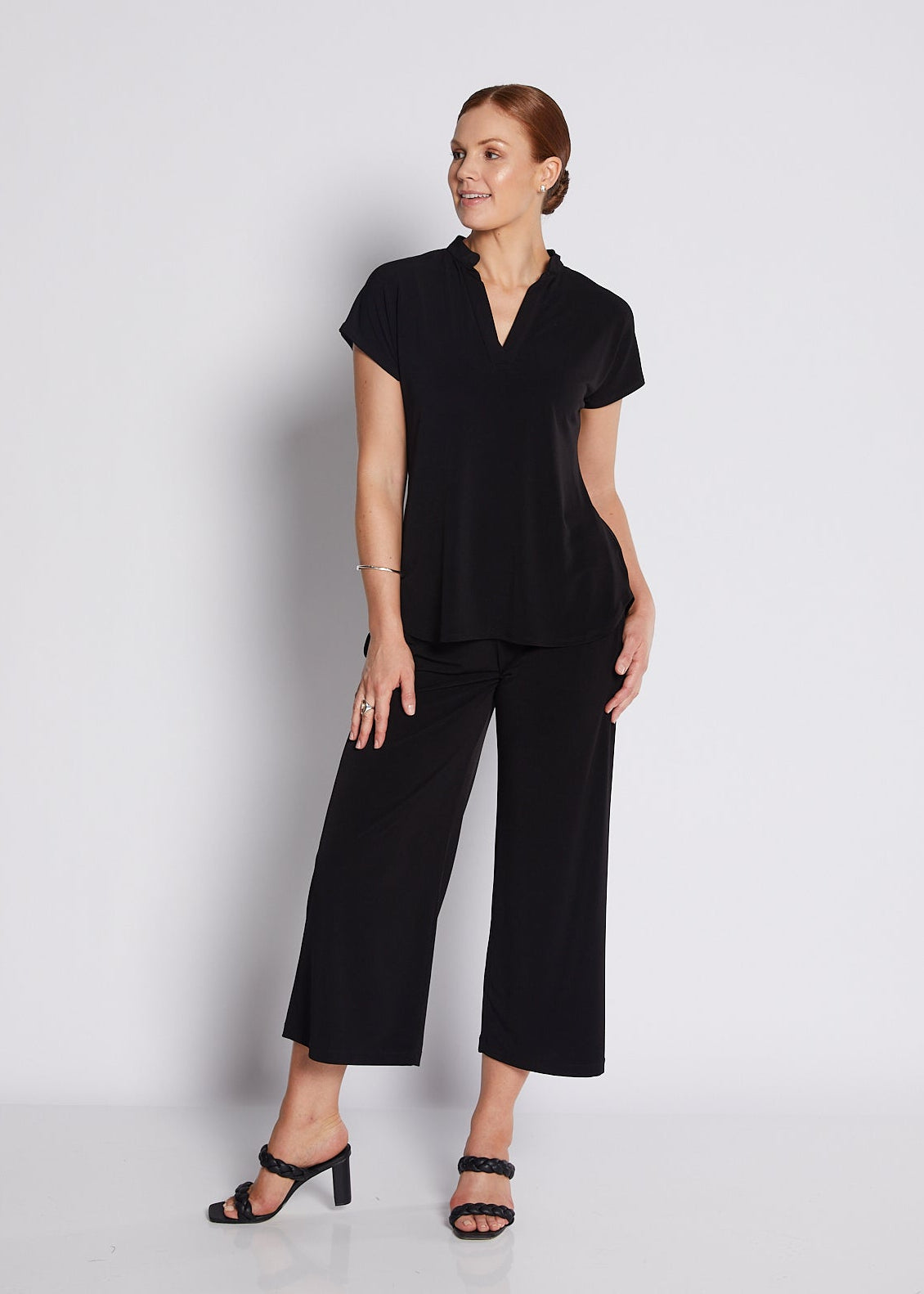 Jersey Nehru Collar V Neck Short Sleeve Top in Black