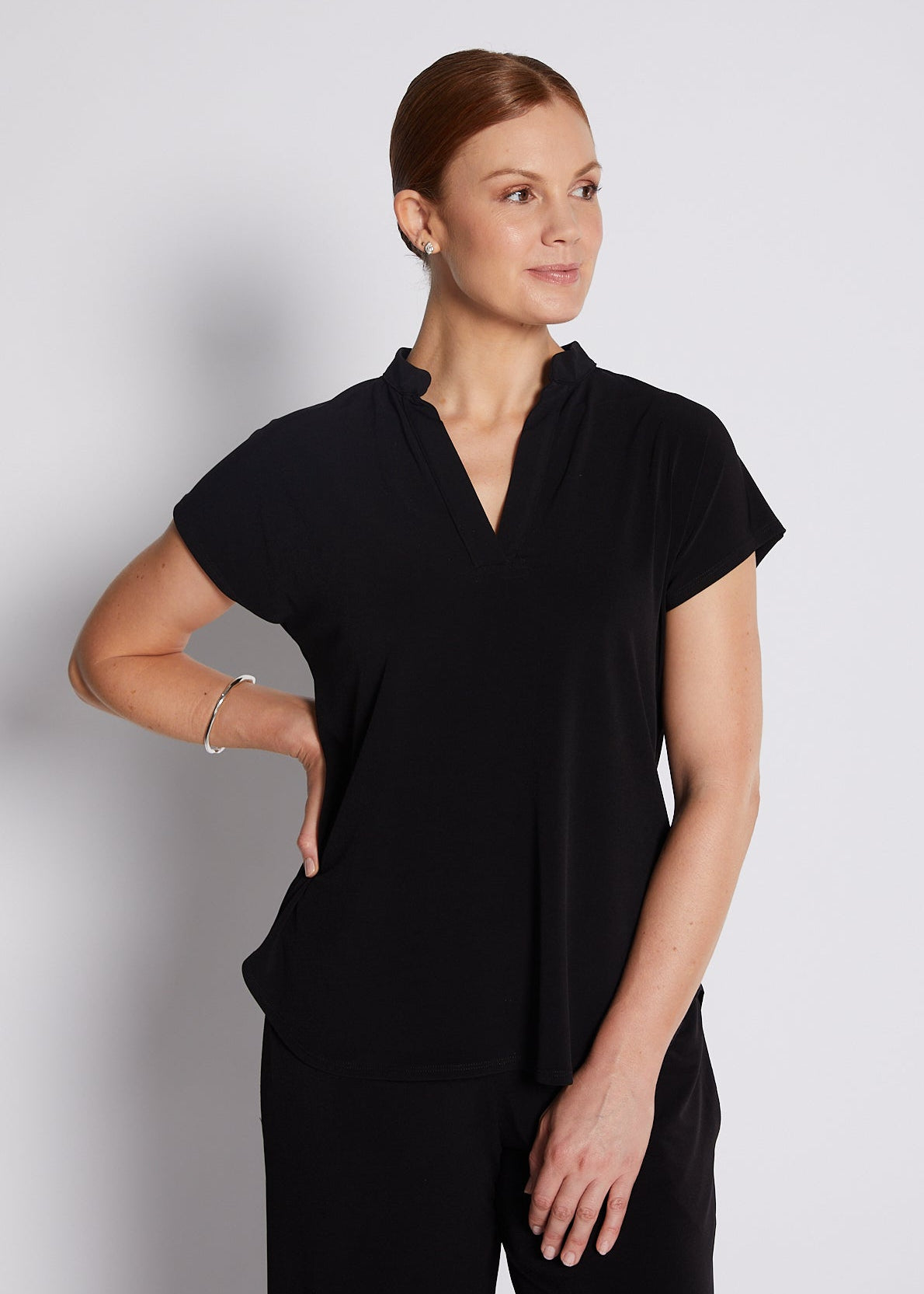 Jersey Nehru Collar V Neck Short Sleeve Top in Black