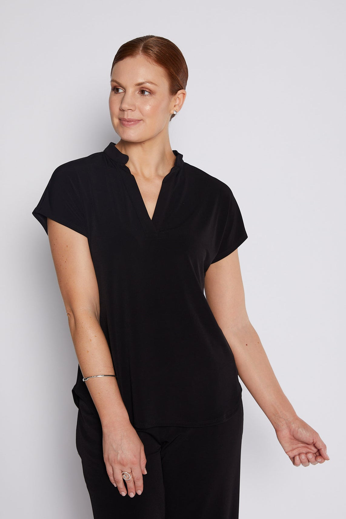 Jersey Nehru Collar V Neck Short Sleeve Top in Black