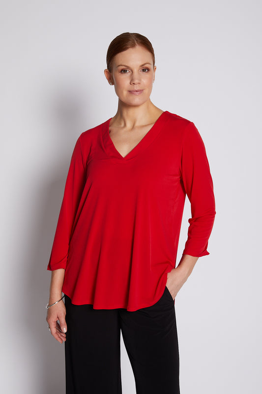 Jersey V Neck Swing Top in Red