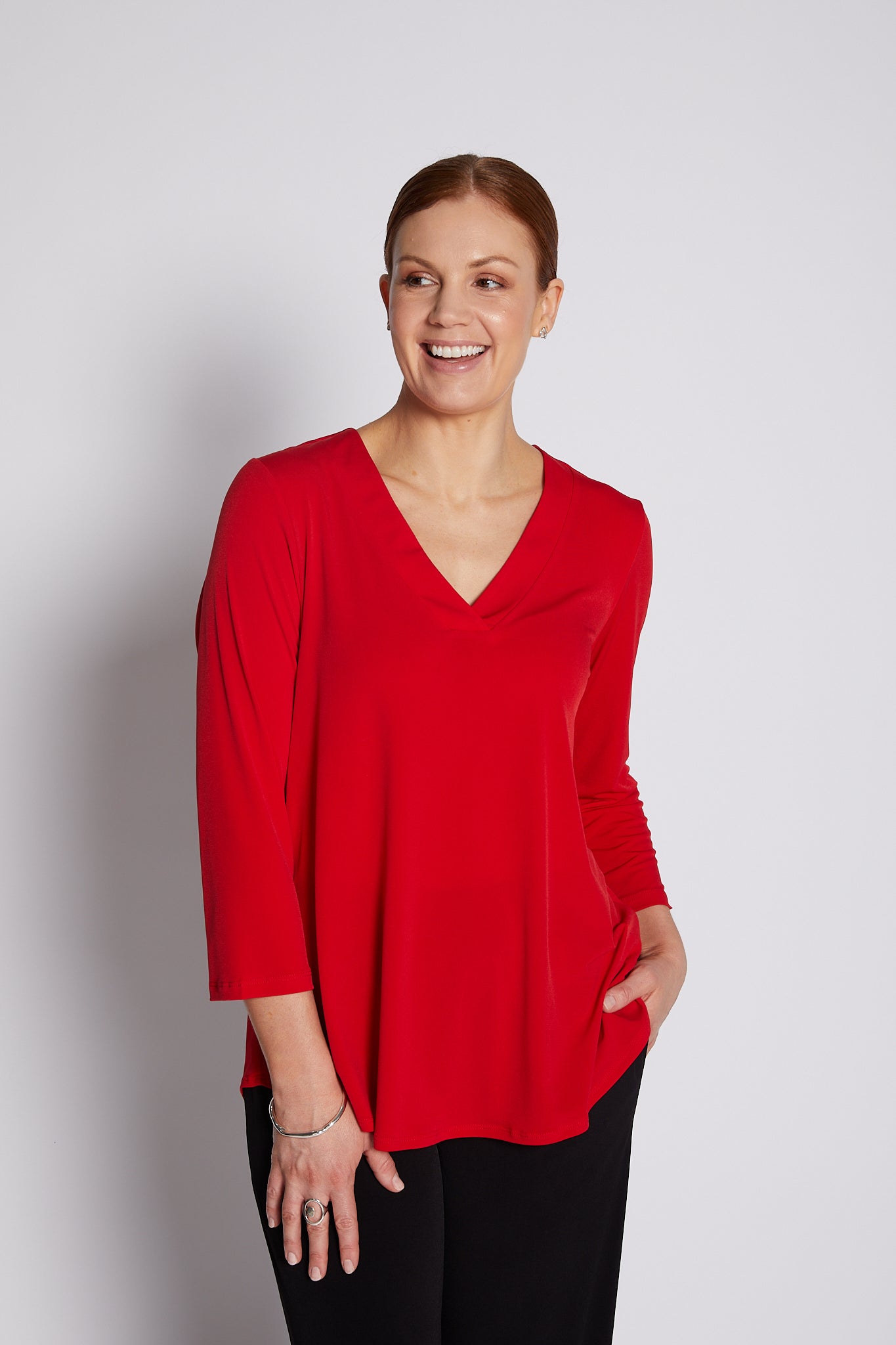 Jersey V Neck Swing Top in Red
