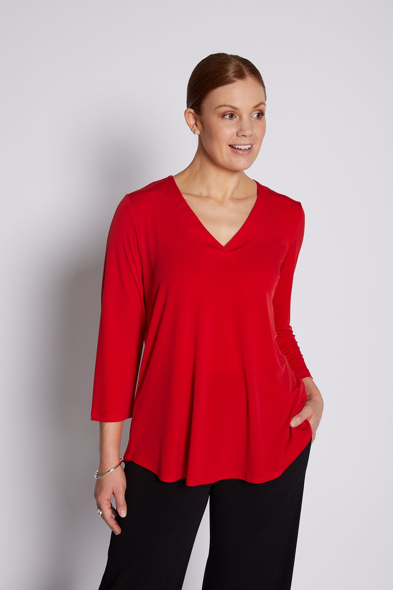 Jersey V Neck Swing Top in Red