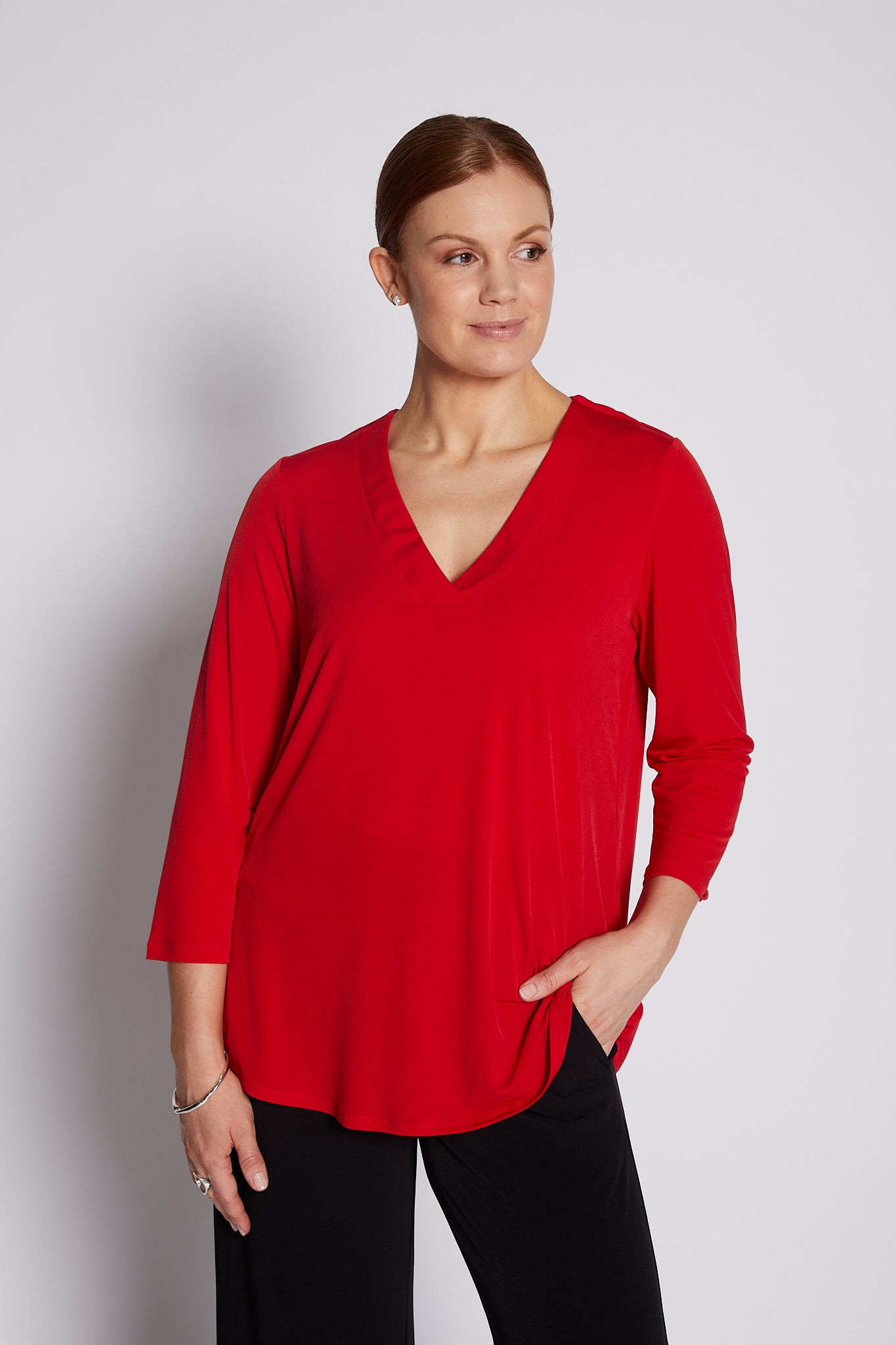 Jersey V Neck Swing Top in Red
