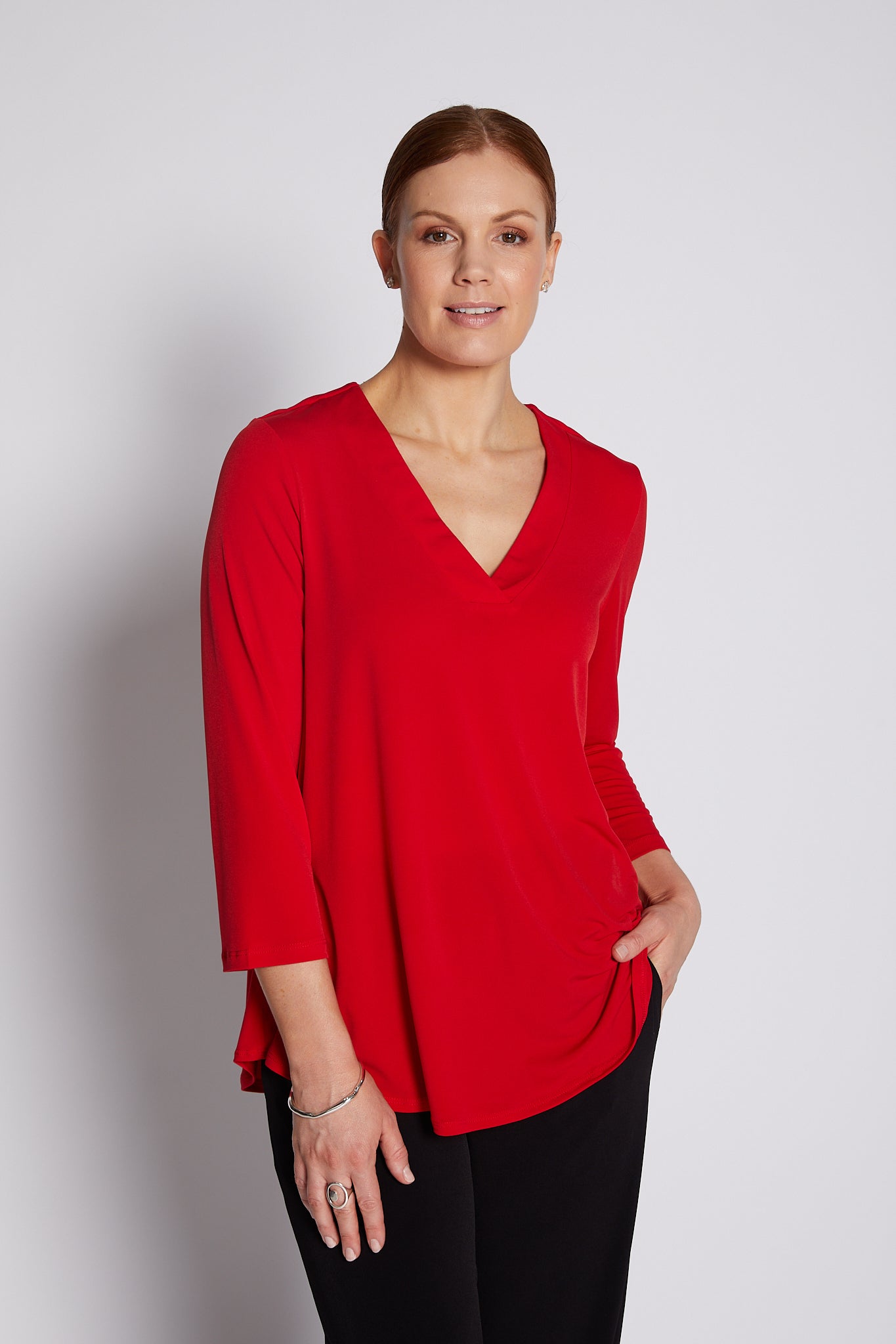 Jersey V Neck Swing Top in Red