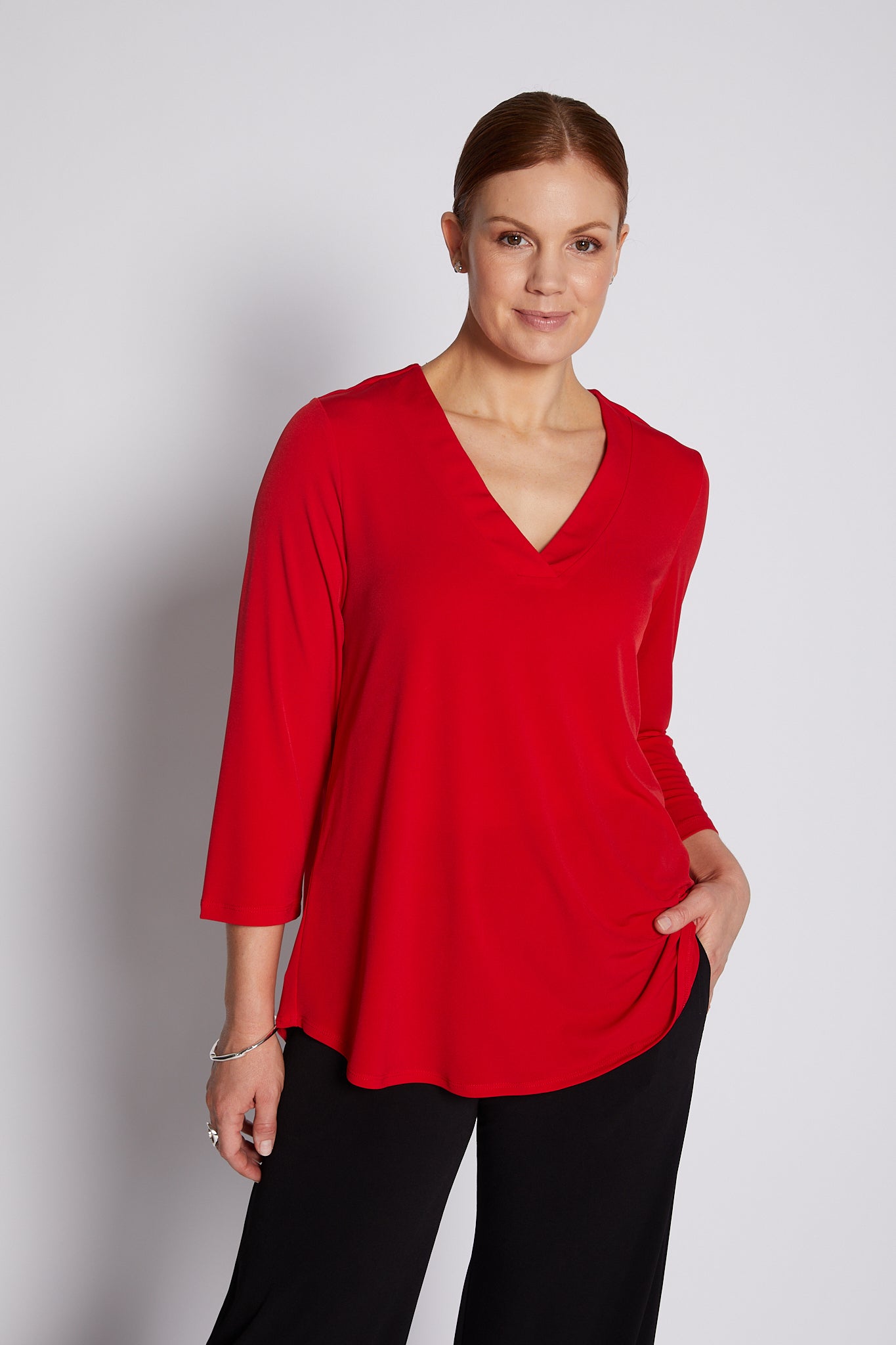 Jersey V Neck Swing Top in Red