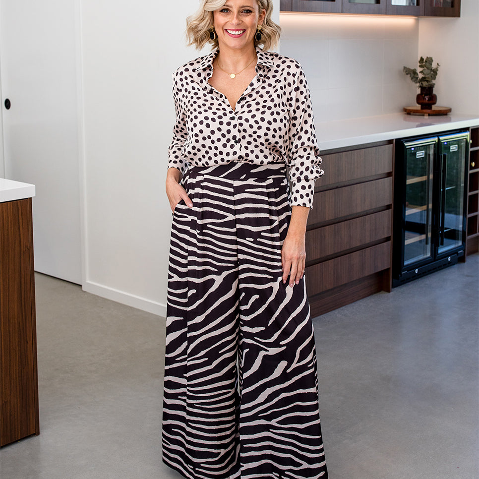 Philosophy Australia Francine Satin Pants in Ruby Zebra Print, made in Australia