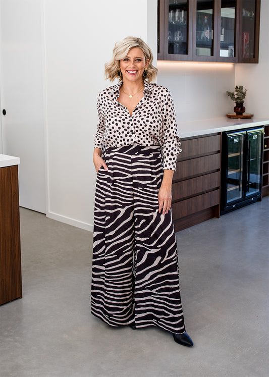 Philosophy Australia Francine Satin Pants in Ruby Zebra Print, made in Australia