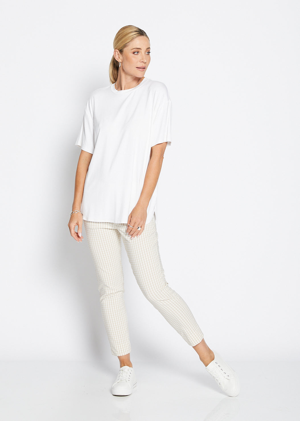 Easy Gingham super stretch 7/8 fitted pant in stone