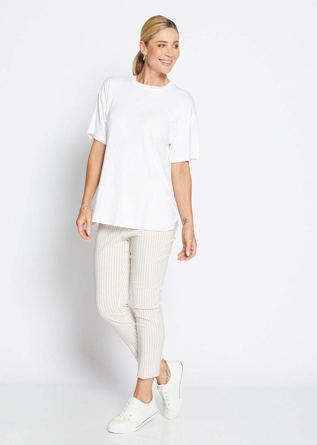 Easy Gingham super stretch 7/8 fitted pant in stone