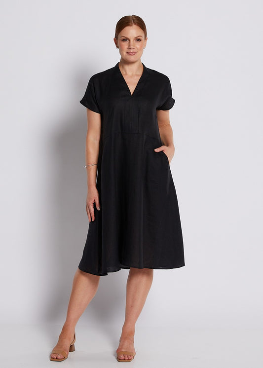 100% Luxe Linen Short Sleeve V Neck Dress with Pockets in Black