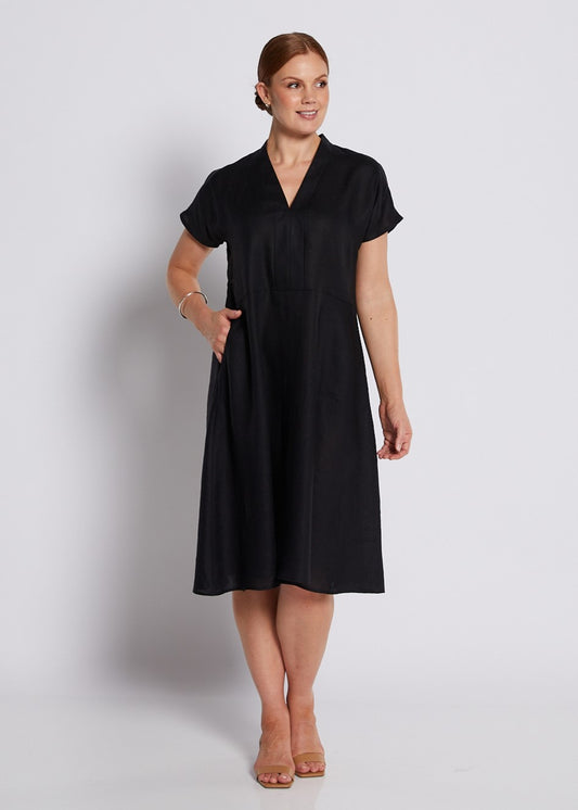 100% Luxe Linen Short Sleeve V Neck Dress with Pockets in Black