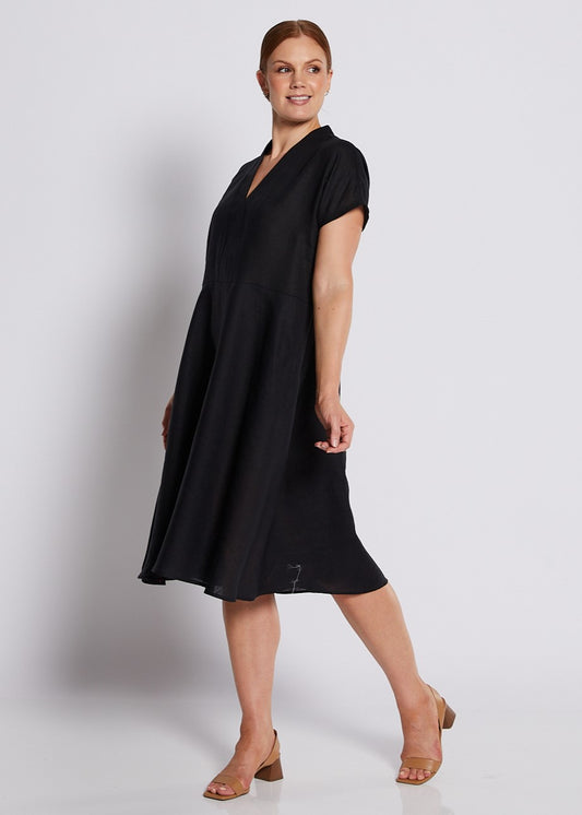 100% Luxe Linen Short Sleeve V Neck Dress with Pockets in Black
