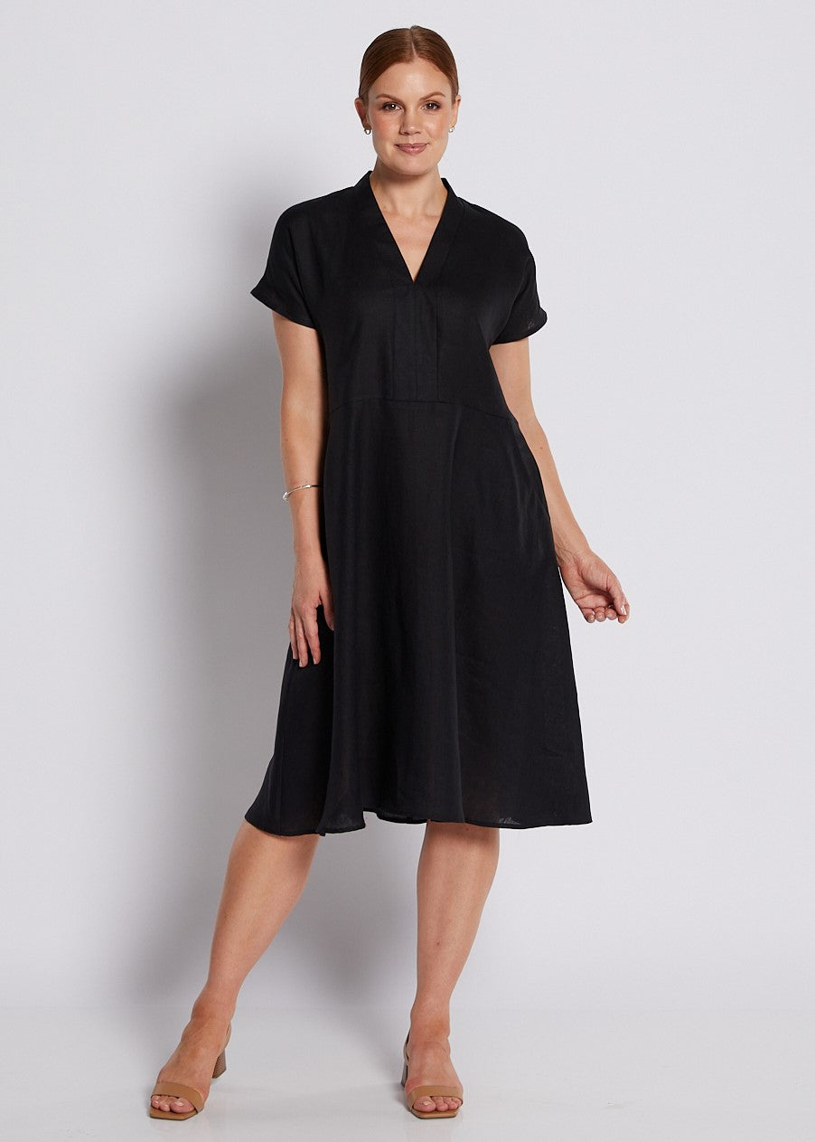 100% Luxe Linen Short Sleeve V Neck Dress with Pockets in Black