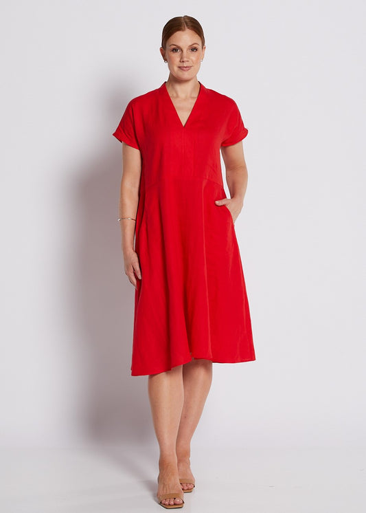 100% Luxe Linen Short Sleeve V Neck Dress with Pockets in Red