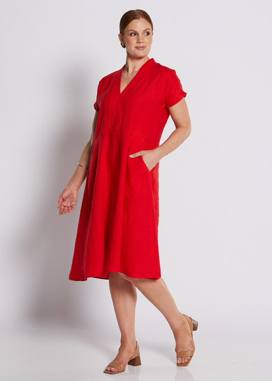 100% Luxe Linen Short Sleeve V Neck Dress with Pockets in Red