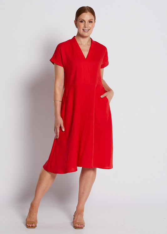 100% Luxe Linen Short Sleeve V Neck Dress with Pockets in Red