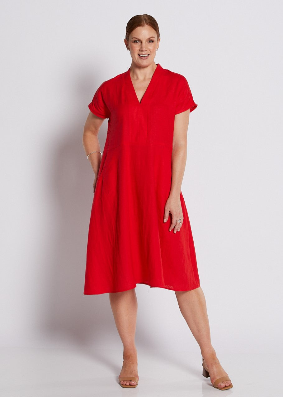 100% Luxe Linen Short Sleeve V Neck Dress with Pockets in Red