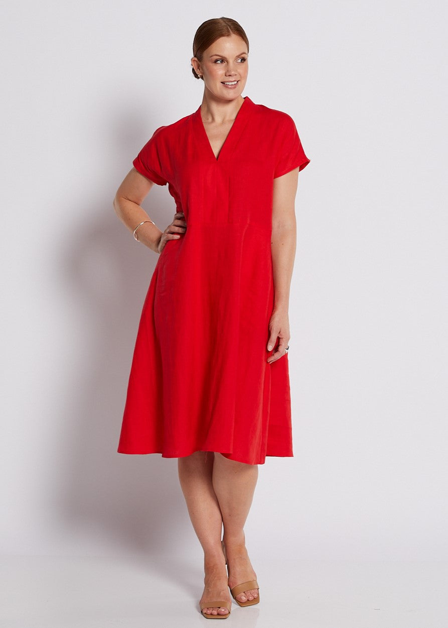 100% Luxe Linen Short Sleeve V Neck Dress with Pockets in Red