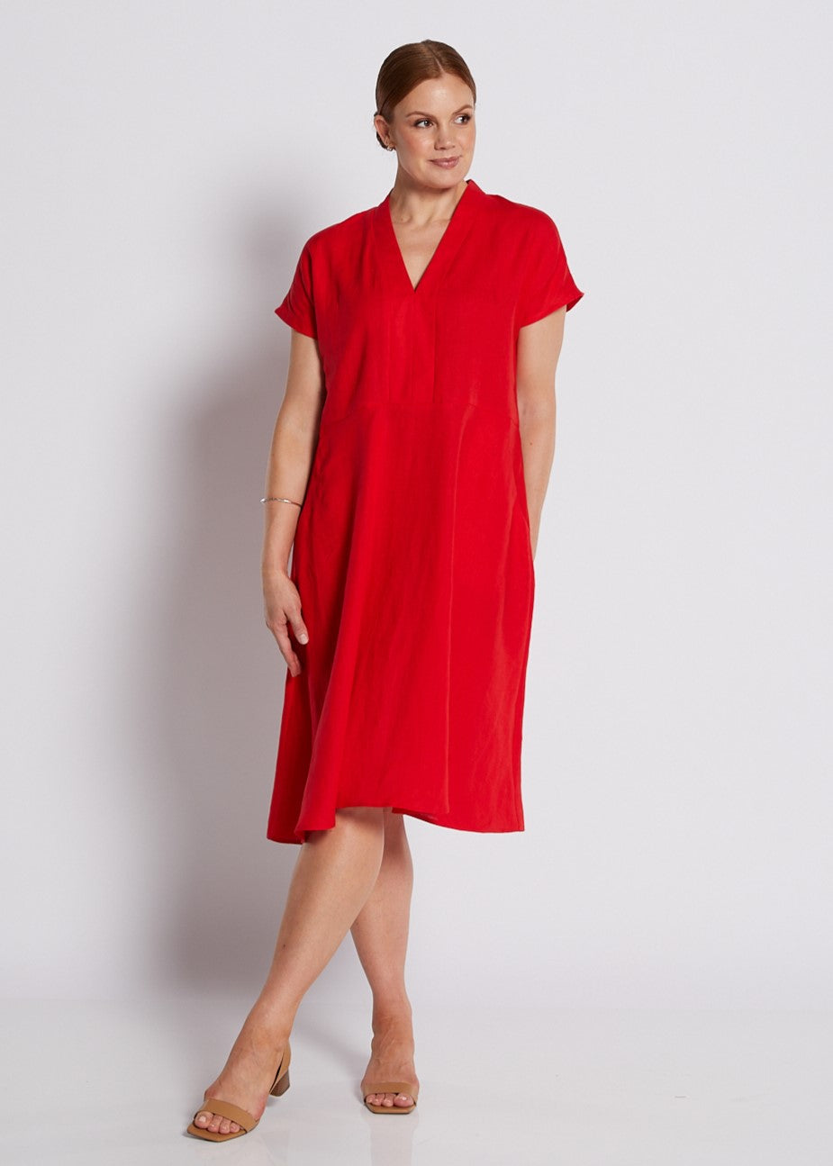 100% Luxe Linen Short Sleeve V Neck Dress with Pockets in Red