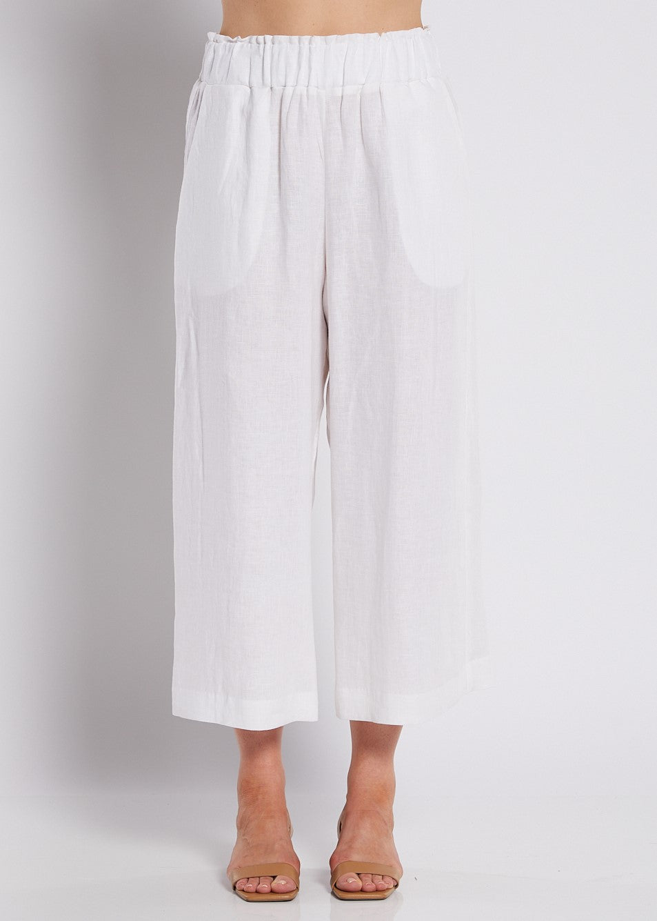 100% Luxe Linen Wide Leg Crop Pant with Pockets in White