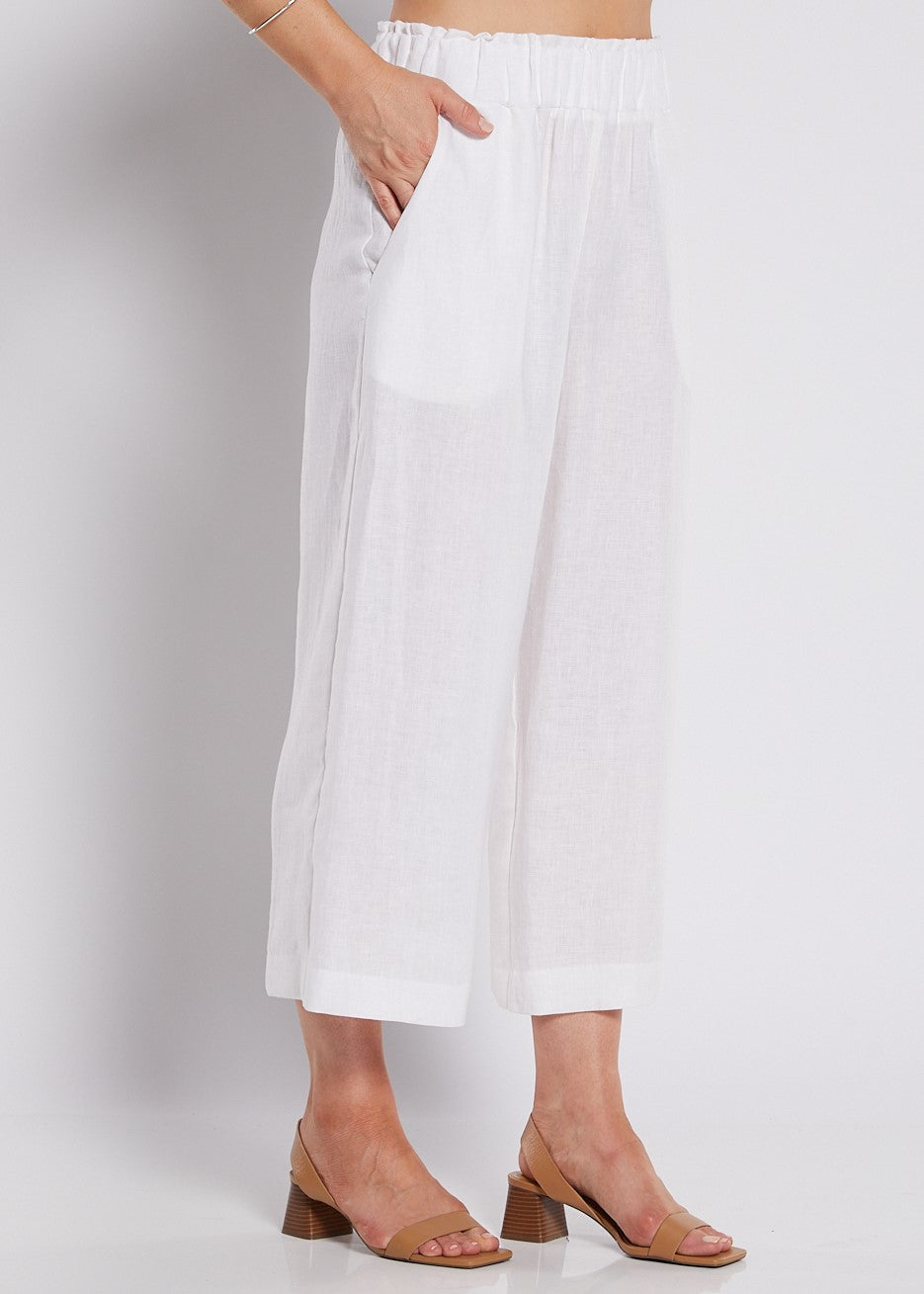 100% Luxe Linen Wide Leg Crop Pant with Pockets in White