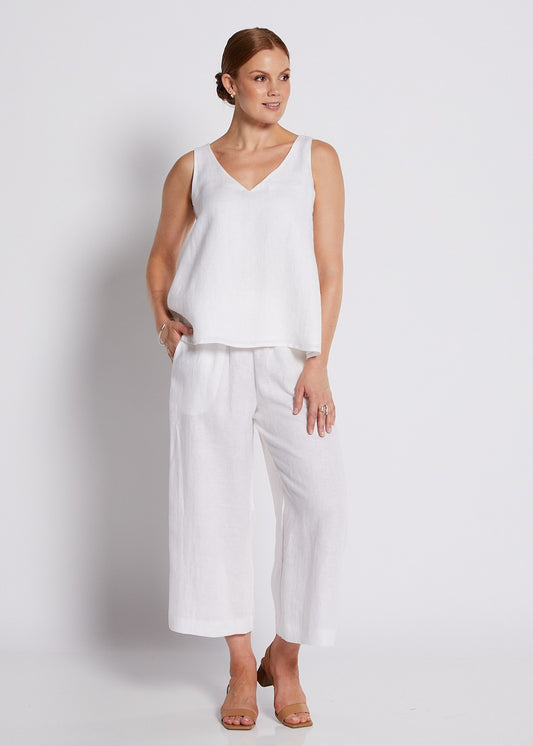 100% Luxe Linen Wide Leg Crop Pant with Pockets in White