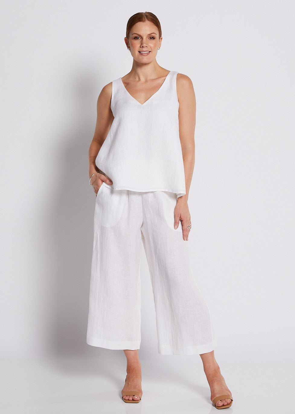 100% Luxe Linen Wide Leg Crop Pant with Pockets in White