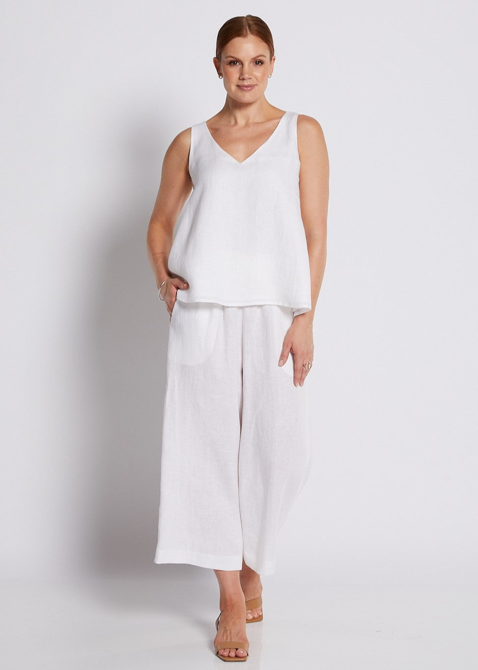 100% Luxe Linen Wide Leg Crop Pant with Pockets in White
