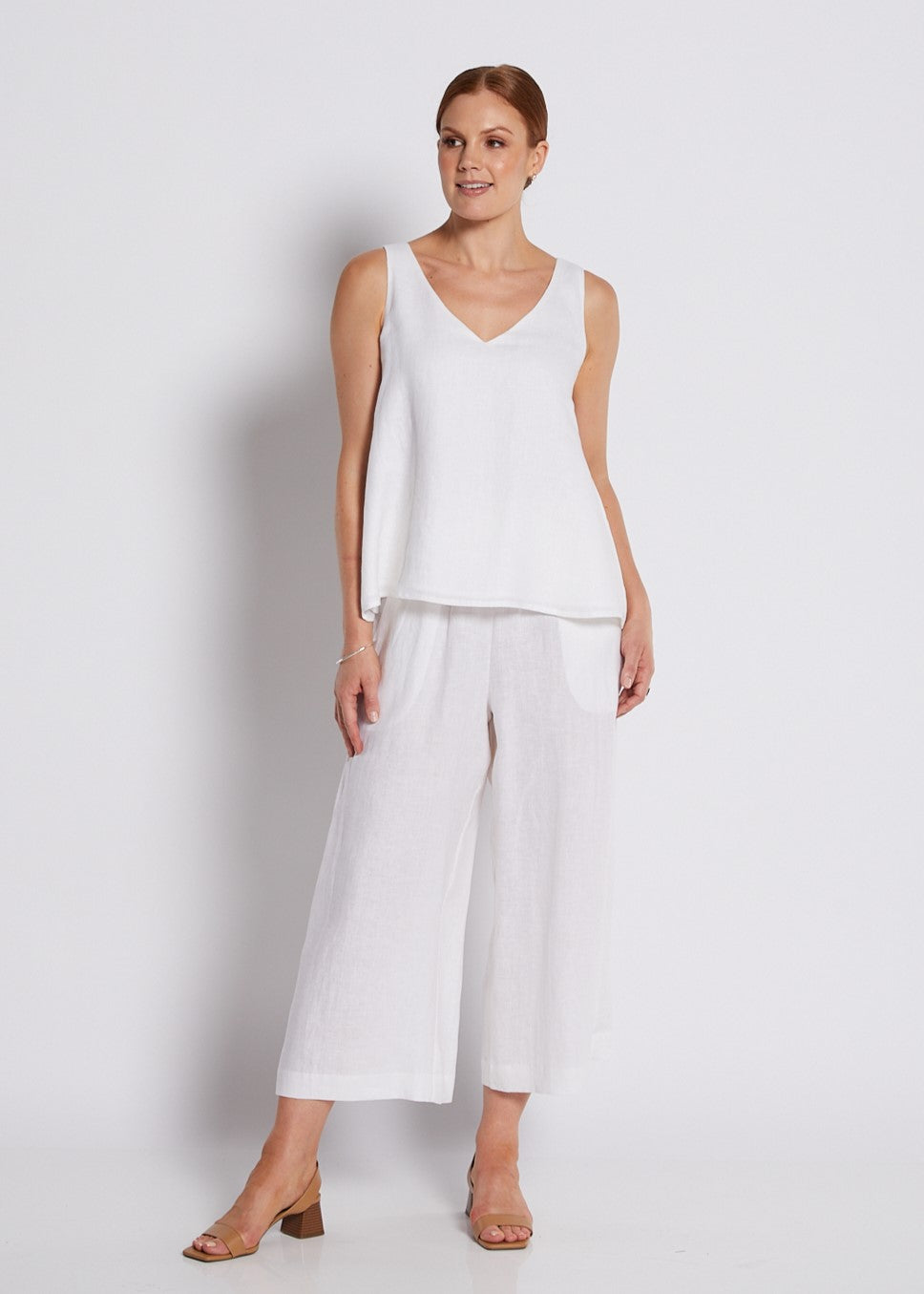 100% Luxe Linen Wide Leg Crop Pant with Pockets in White