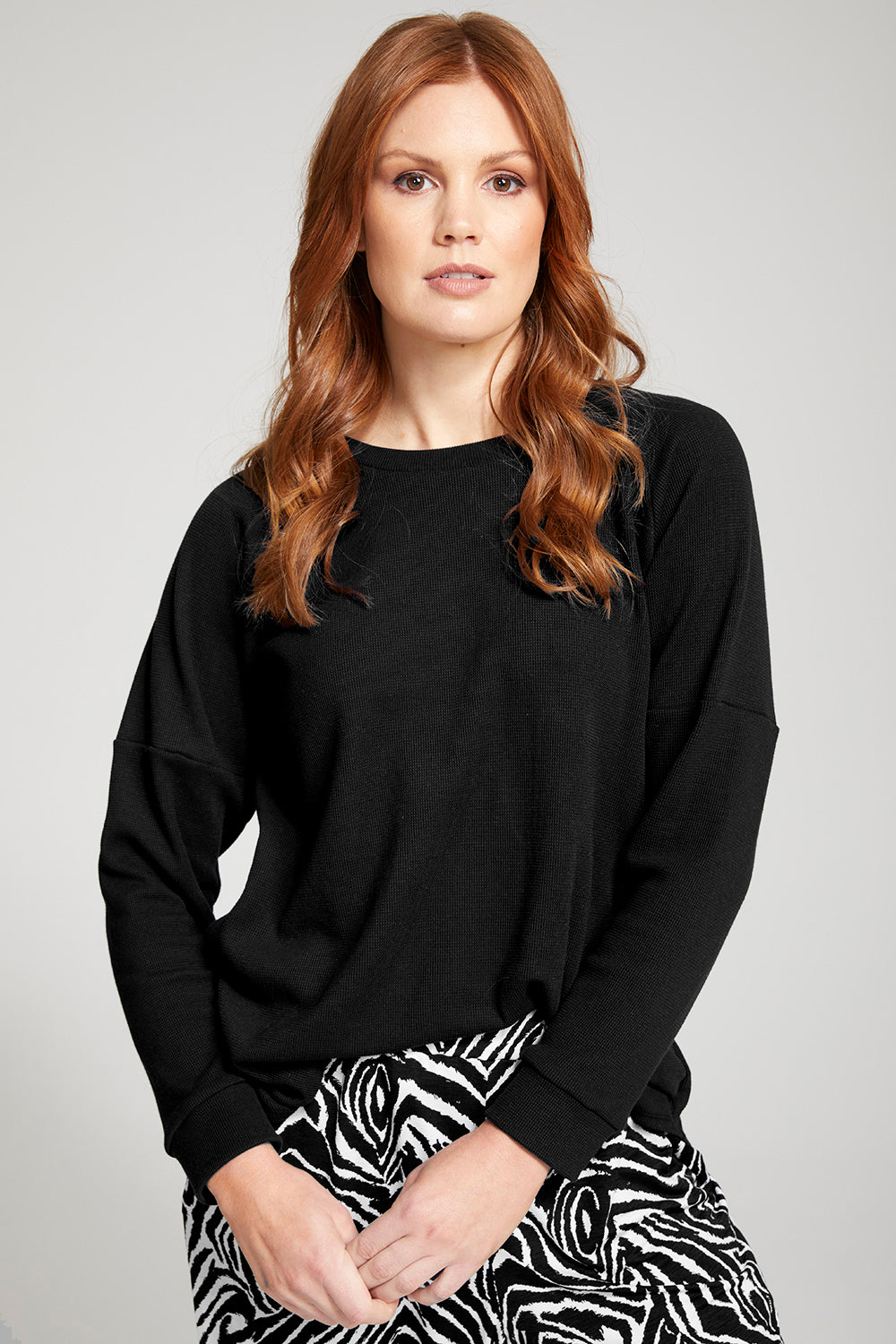 Philosophy Australia Rawson waffle raglan pullover in black, made in Australia