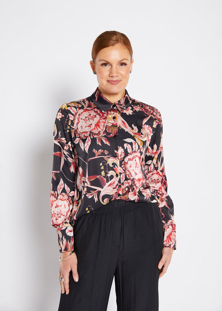 Philosophy Australia Hill Satin Shirt in Ruby Flower Print, made in Australia