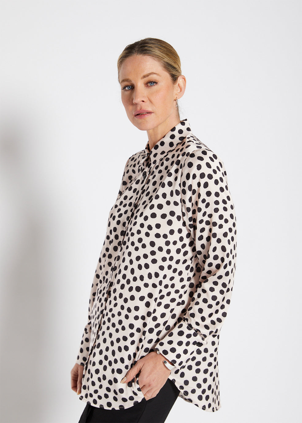 Philosophy Australia Hill Satin Shirt in Ruby Spot Print, made in Australia
