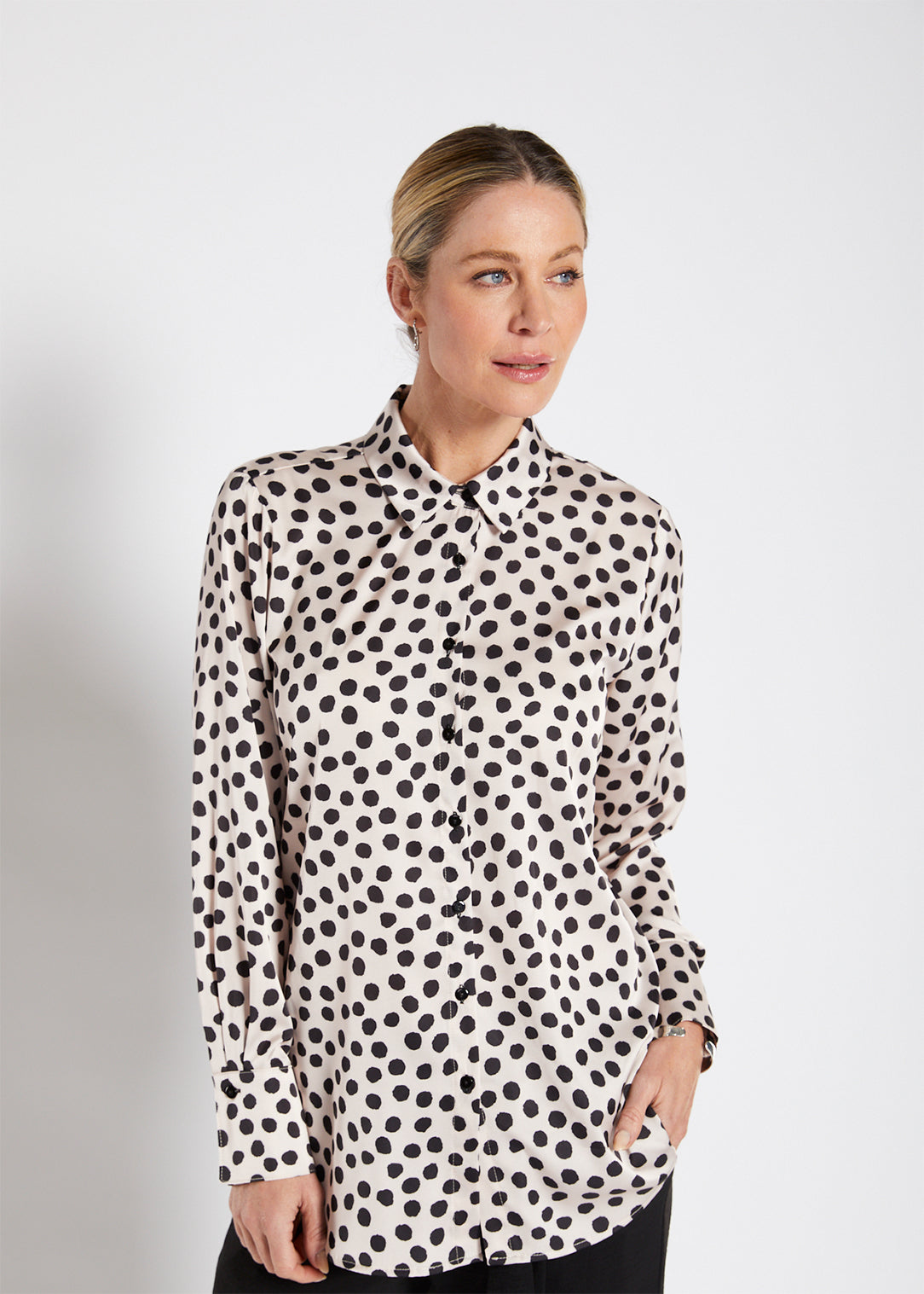 Philosophy Australia Hill Satin Shirt in Ruby Spot Print, made in Australia