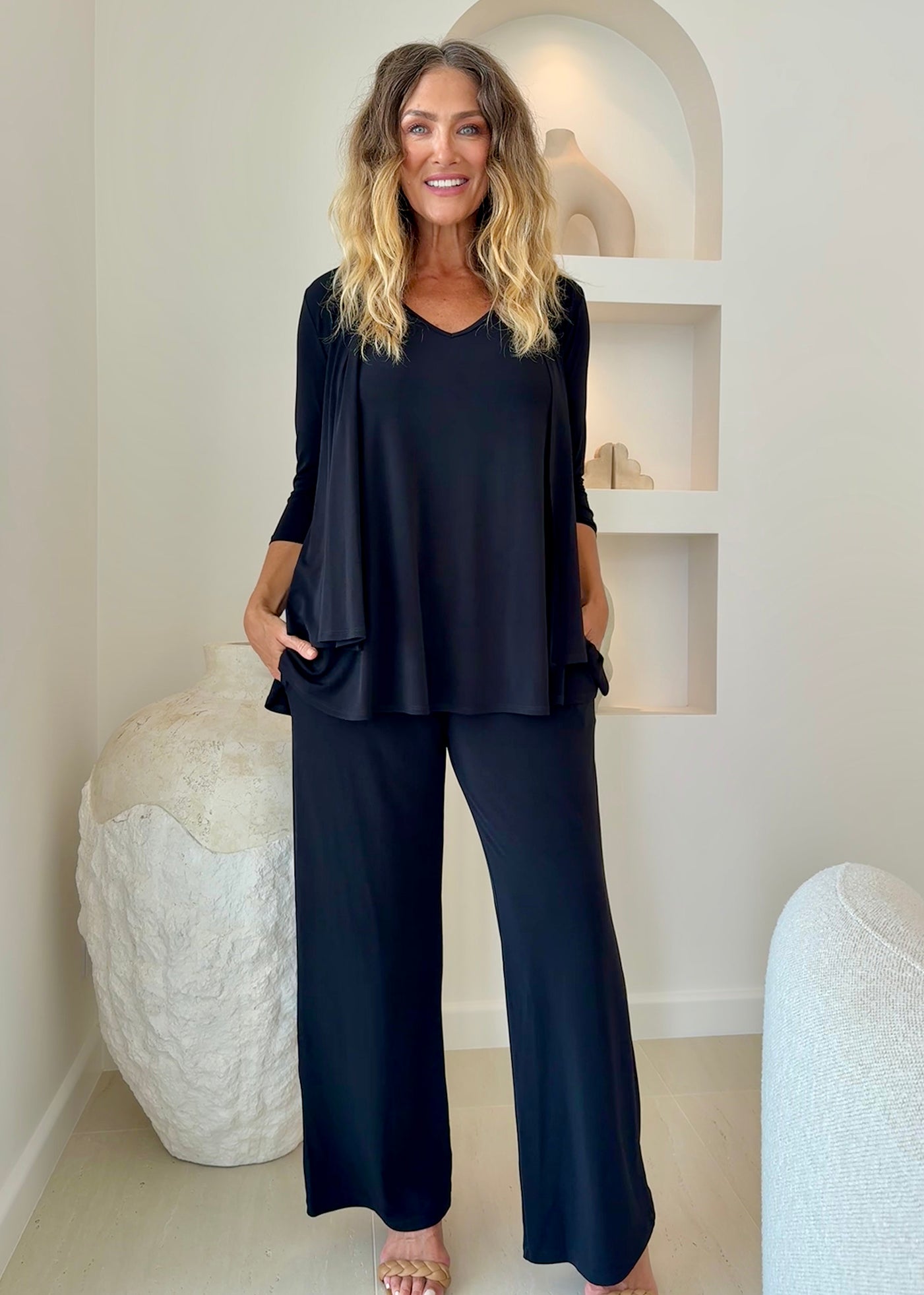 Twins Foundation slinky jersey swing jacket and tank set in black