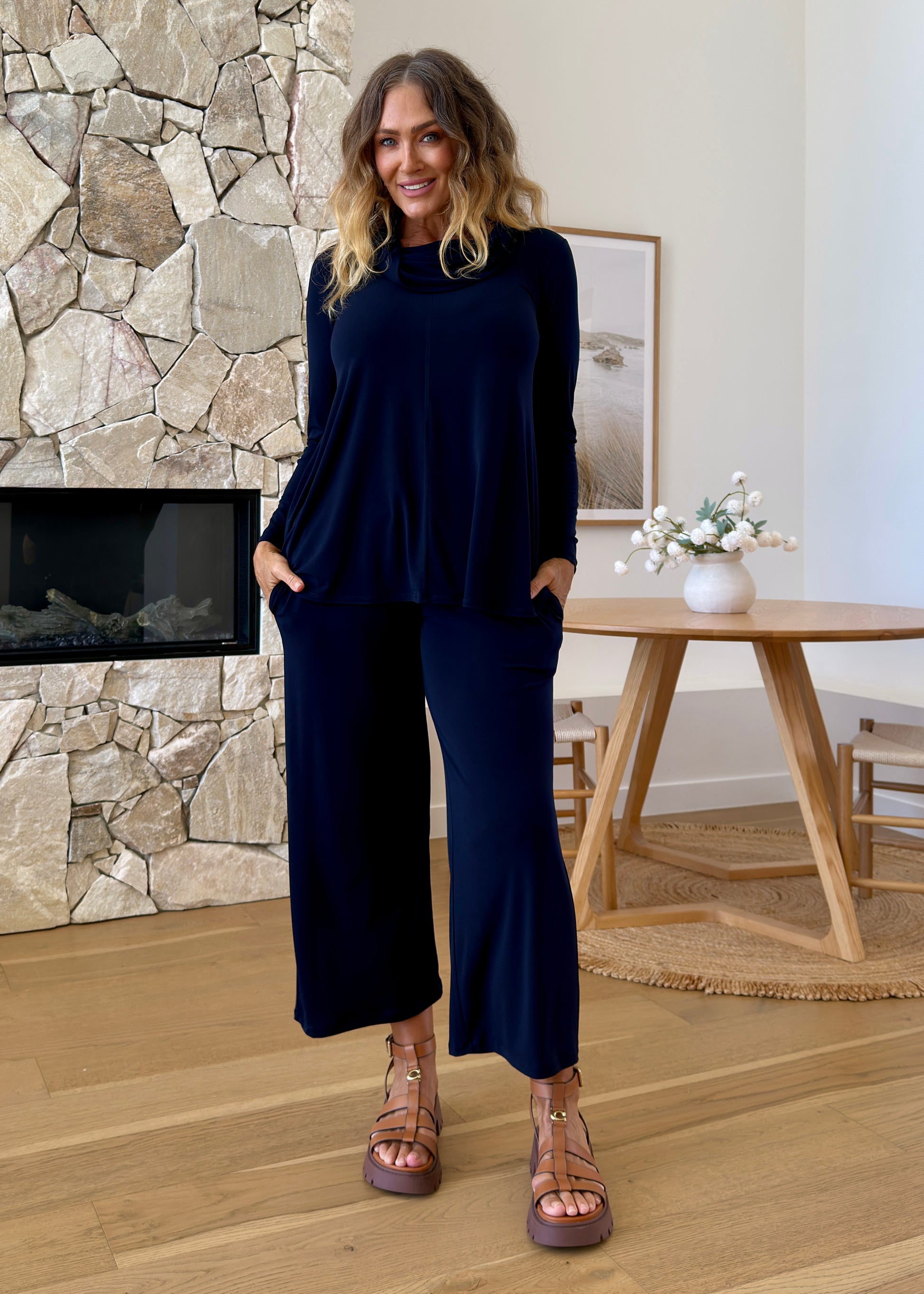 Jersey Cowl Swing Tunic in Navy