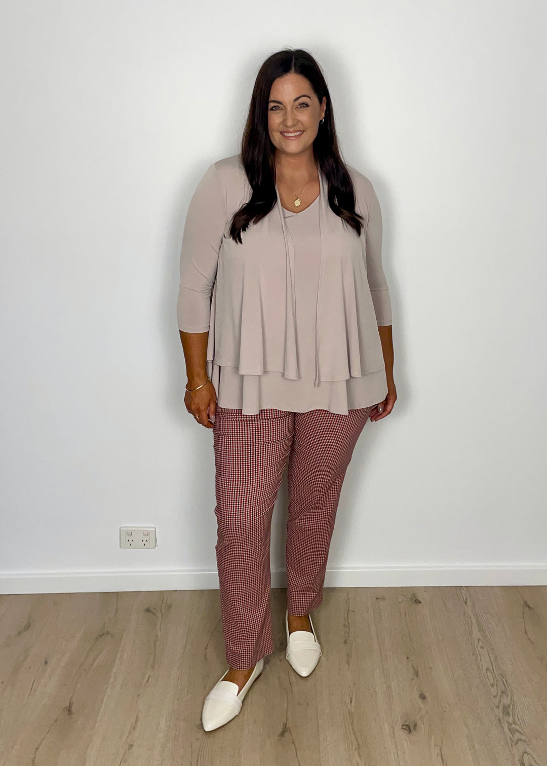 Montie printed Bengaline check pants in Everly Red