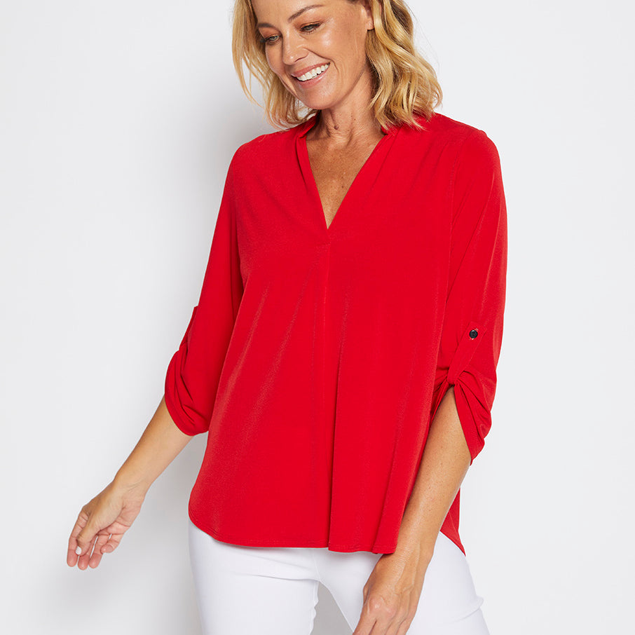 Kafton Foundation Jersey Women's tunic with Nehru neckline in red.