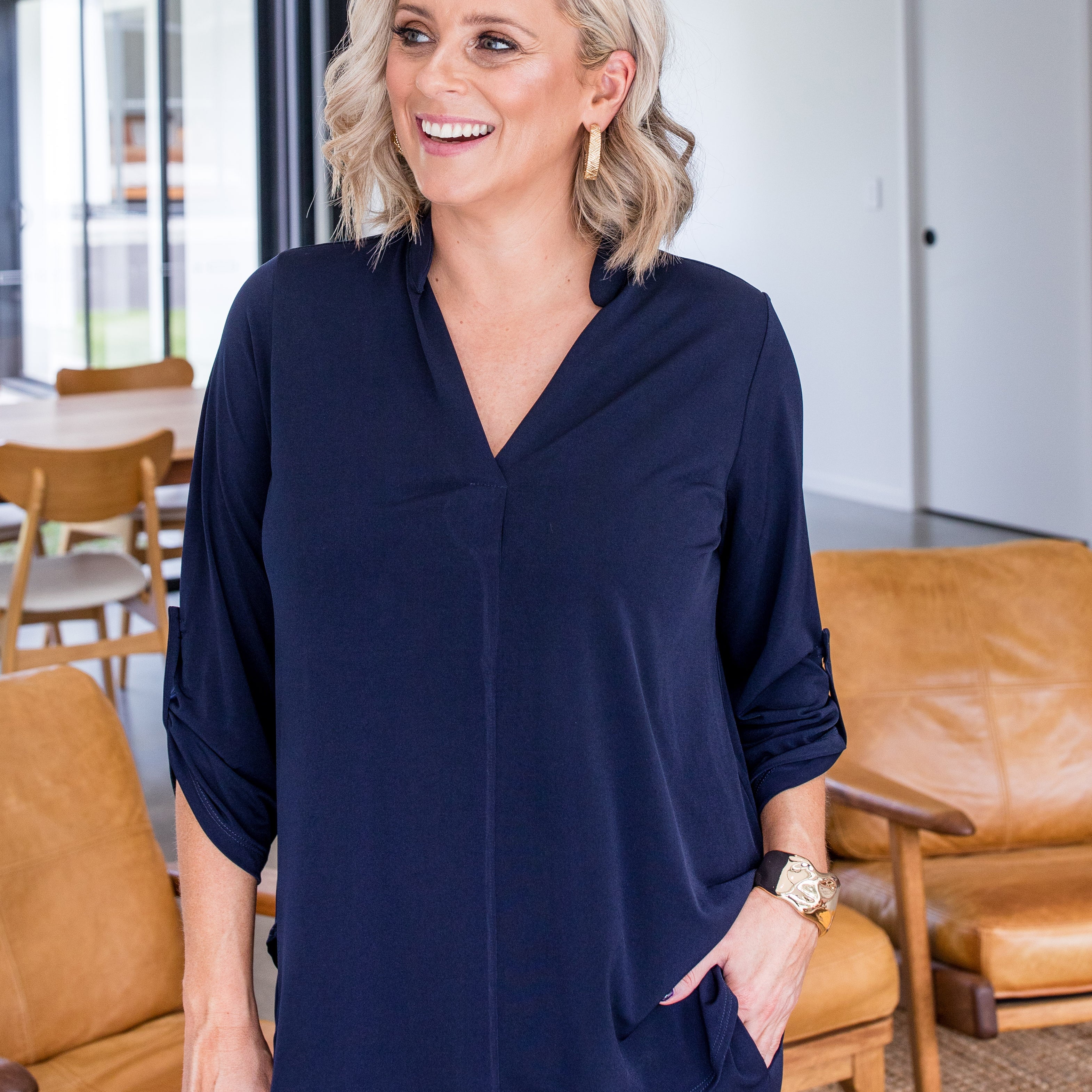 Kafton Foundation Jersey Women's tunic with Nehru neckline in ink navy.