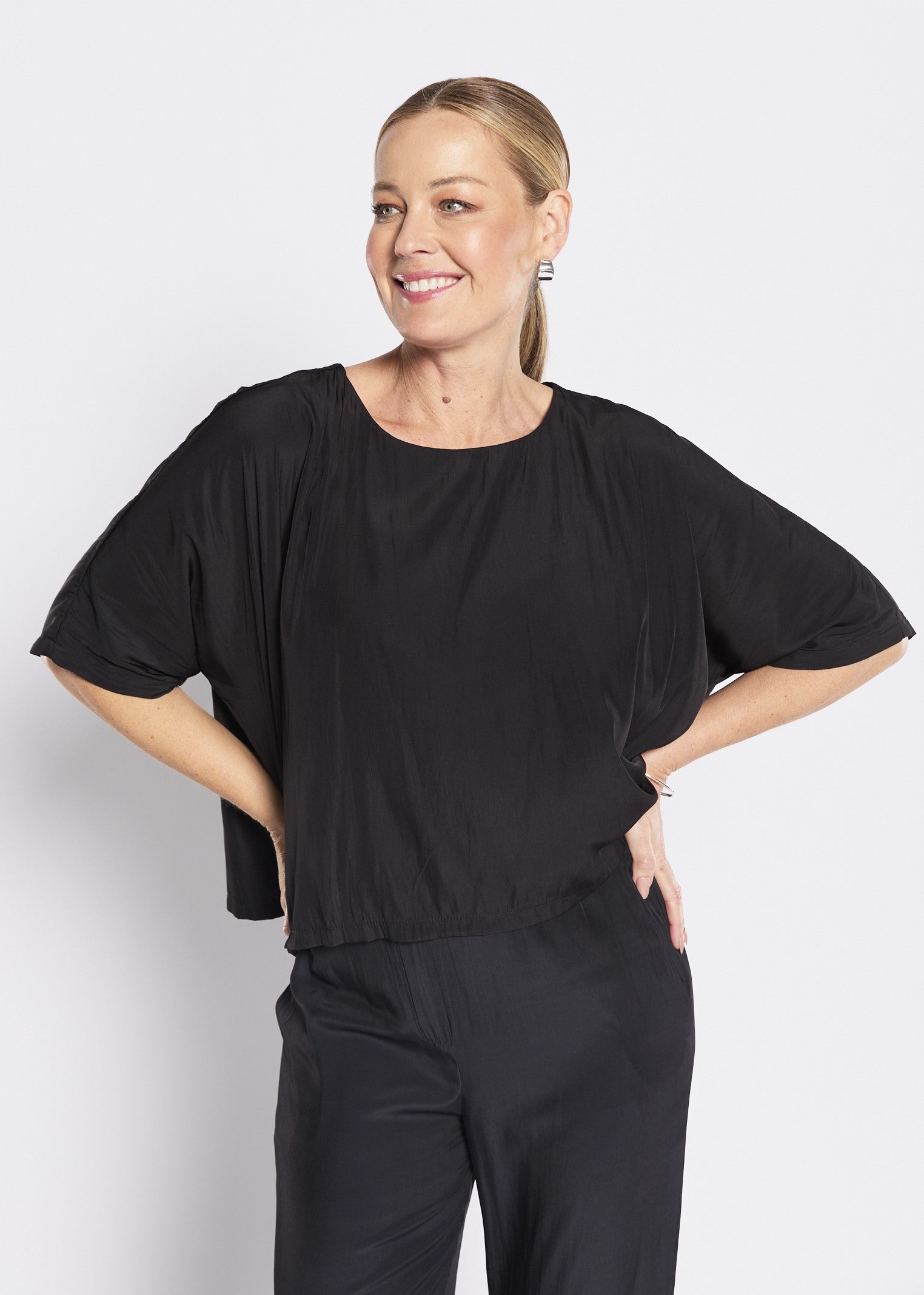Keya Lustre technical layered top in black, slow fashion made in Australia by Philosophy Australia