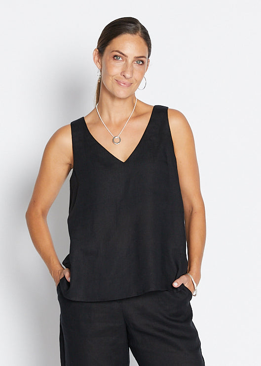 Gail Havana luxe linen reversible tank in black