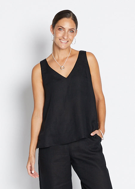 Gail Havana luxe linen reversible tank in black